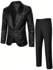 Manfinity AFTRDRK Men's Jacquard Shawl Collar Suit Jacket And Solid Color Pants Two Piece Set