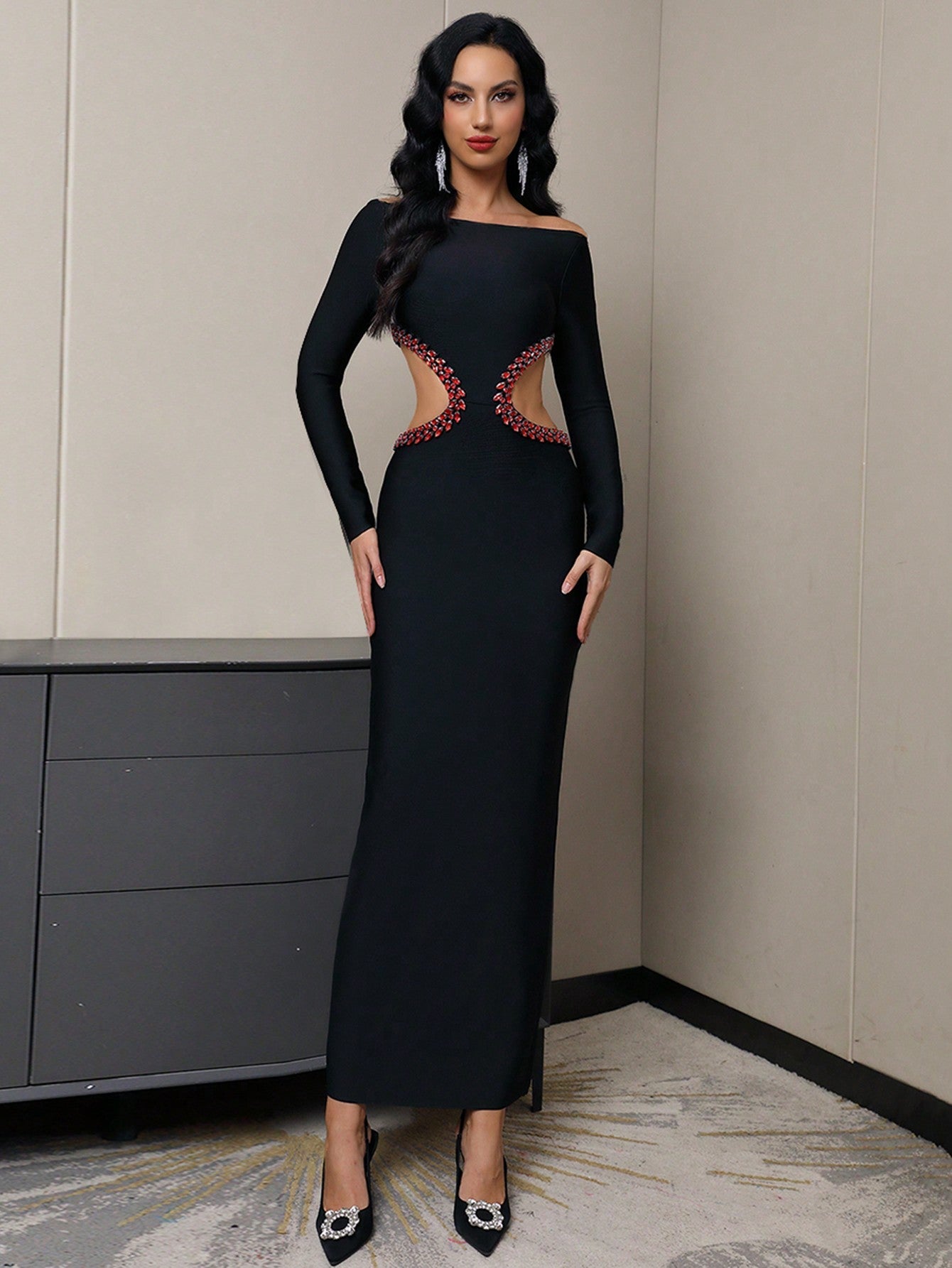 Modphy Women'S Sexy Black One Shoulder Long Sleeve Heavy Beaded Evening Dress With Backless Design For Cocktail Party Or Banquet