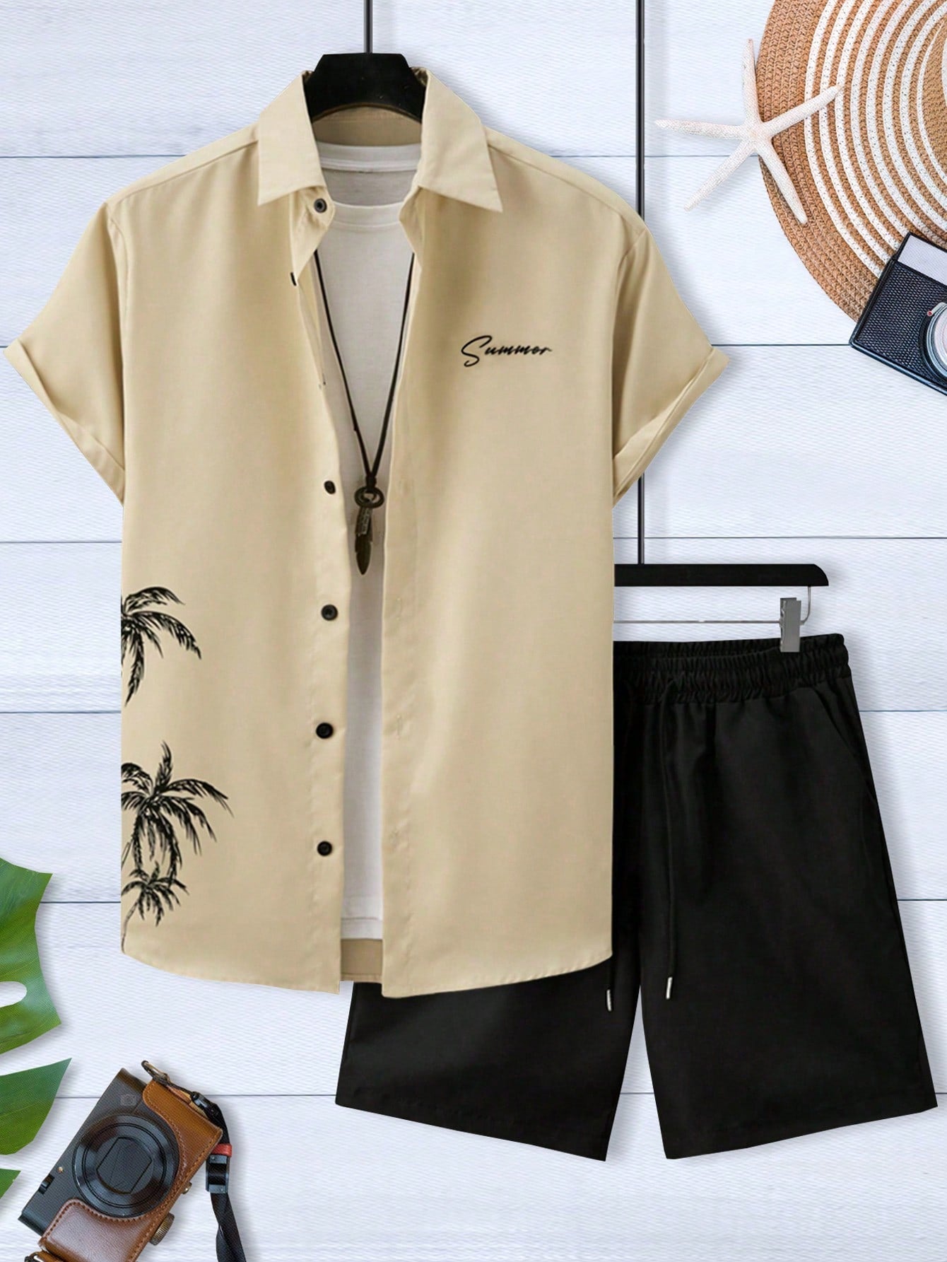 Manfinity Chillmode Men's Tropical Letter Print Shirt & Shorts Set