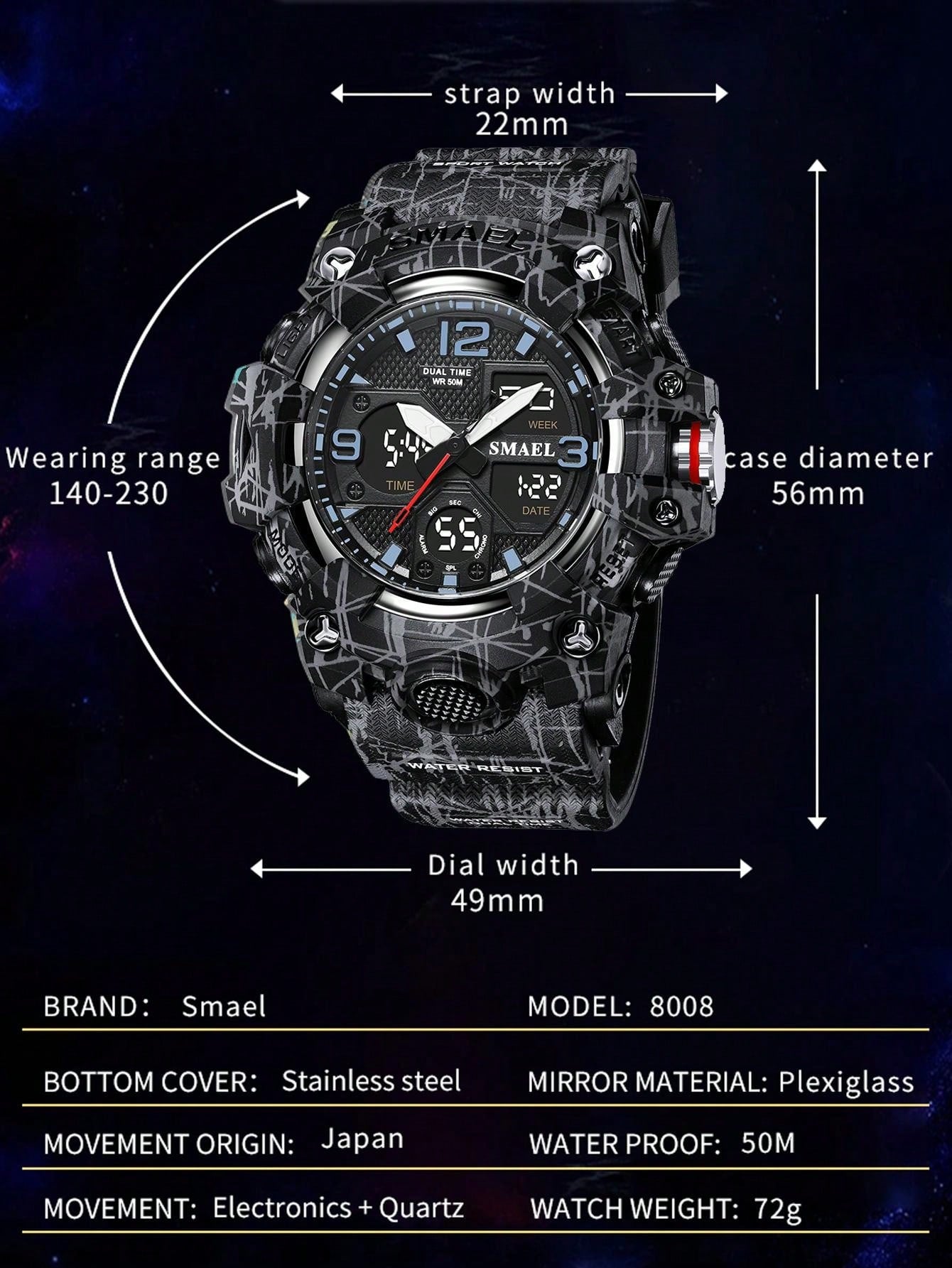 SMAEL 1pc Black Abstract Pattern TPU Strap Sporty Water Resistance Calendars Alarm Round Dial Digital Watch, For Daily Life