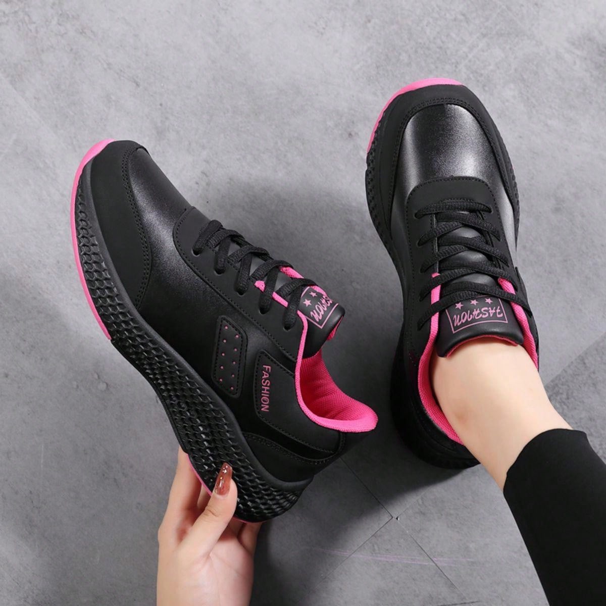 Women's Leather Surface Pink Shoes, Waterproof, Slip-Resistant, Lightweight, Comfortable Fitness Running Shoes, Shock-Absorbing & For Learning To Drive. Casual, Very Lightweight, Good For Students.