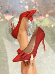 Women's Red High Heel Shoes With Butterfly Decor, Fashionable, Minimalist, Elegant And Sexy Party Shoes