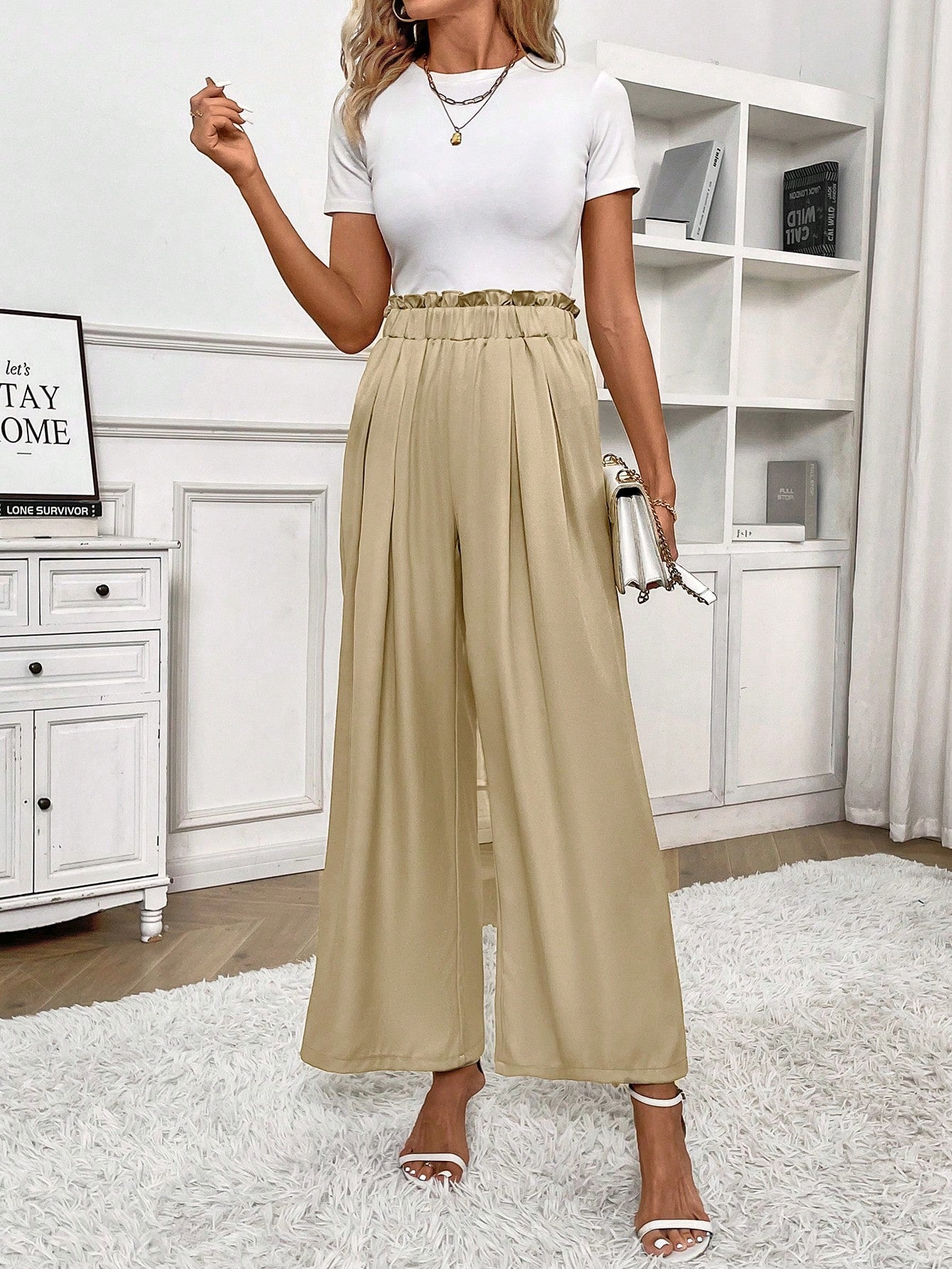 Frenchy Women's High Waisted Wide Leg Pants With Paper Bag Waist