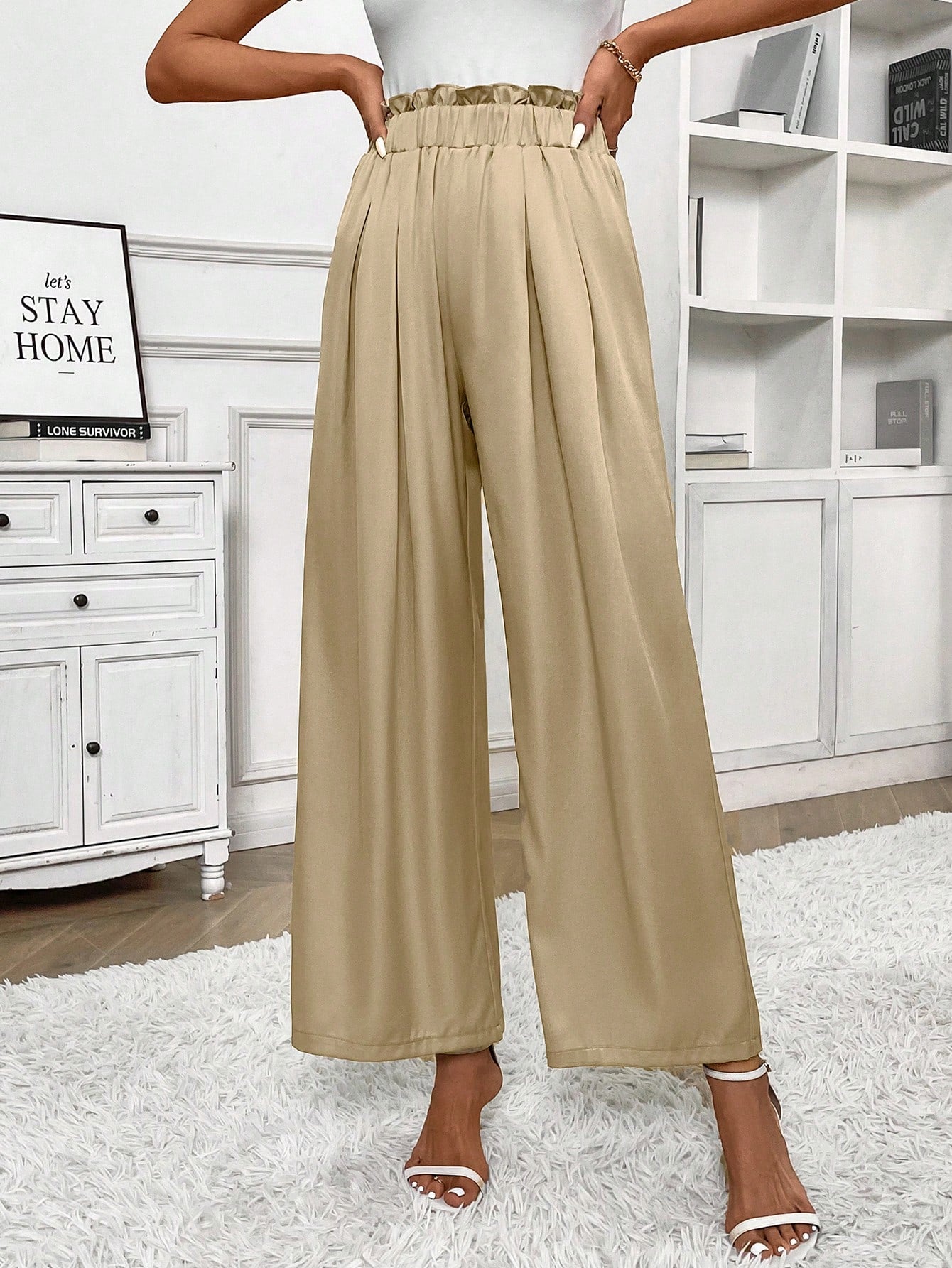 Frenchy Women's High Waisted Wide Leg Pants With Paper Bag Waist