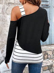 Color-Contrast Striped Asymmetrical Collar T-Shirt