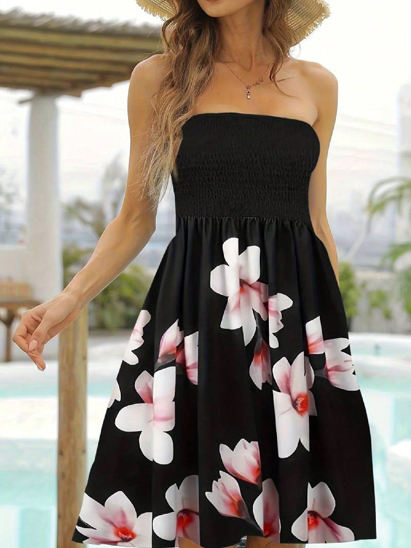 Women's Printed Flower Patchwork Strapless Dress