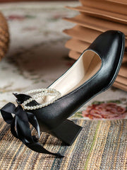 Women's Elegant Pearl Decor Square Toe Low-Cut Date High Heels Black Shoes