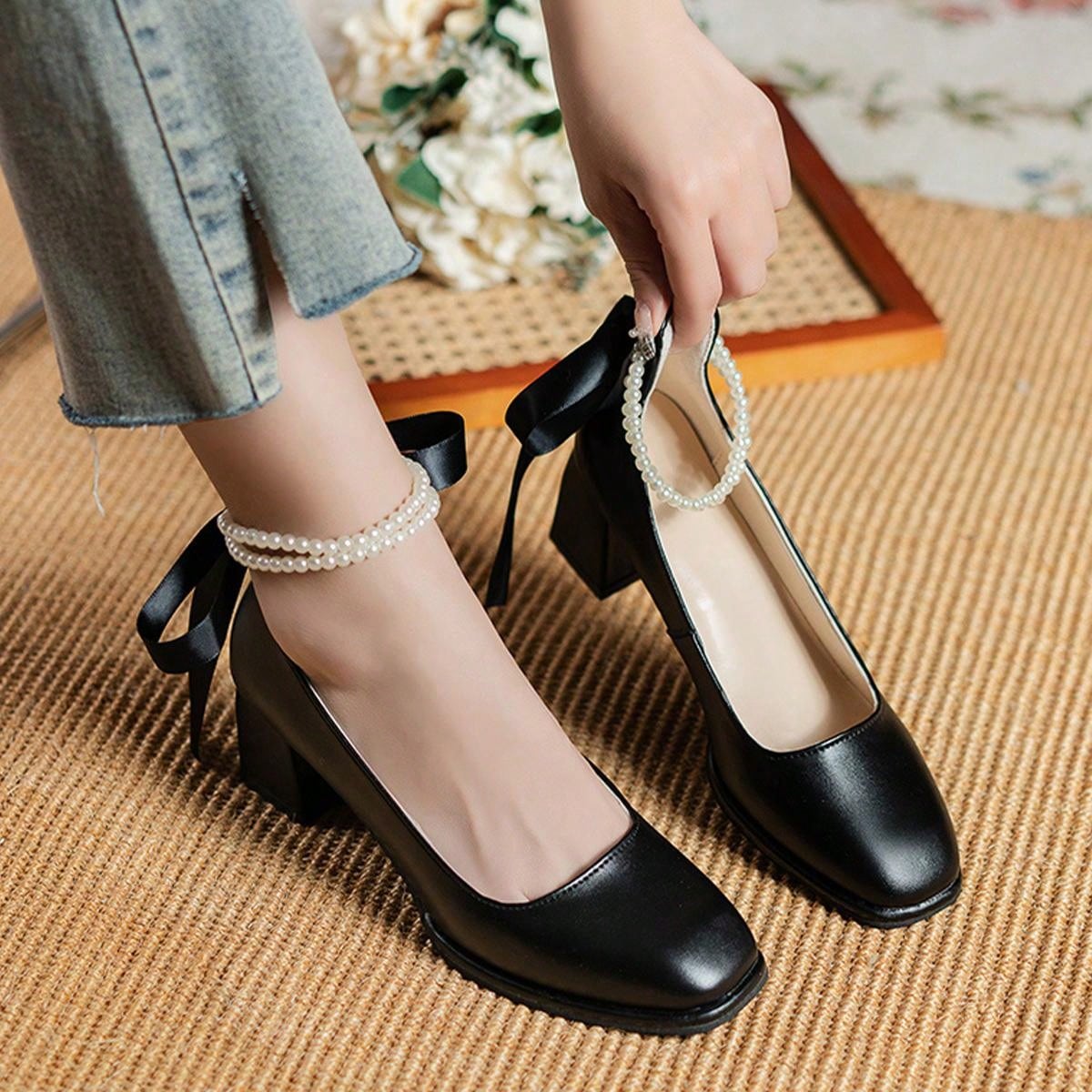 Women's Elegant Pearl Decor Square Toe Low-Cut Date High Heels Black Shoes