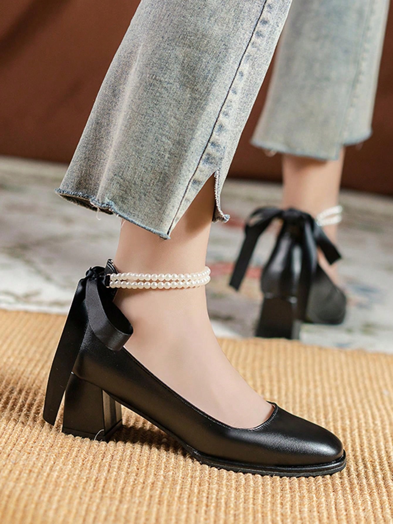 Women's Elegant Pearl Decor Square Toe Low-Cut Date High Heels Black Shoes