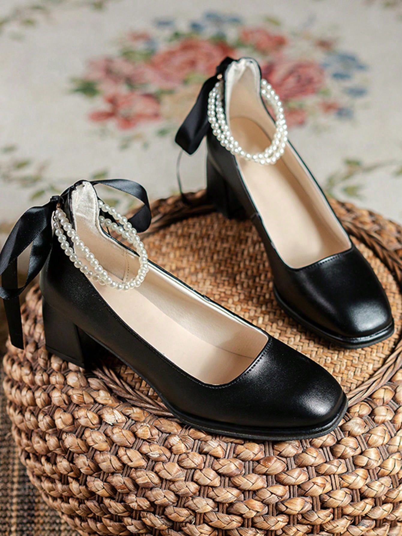 Women's Elegant Pearl Decor Square Toe Low-Cut Date High Heels Black Shoes