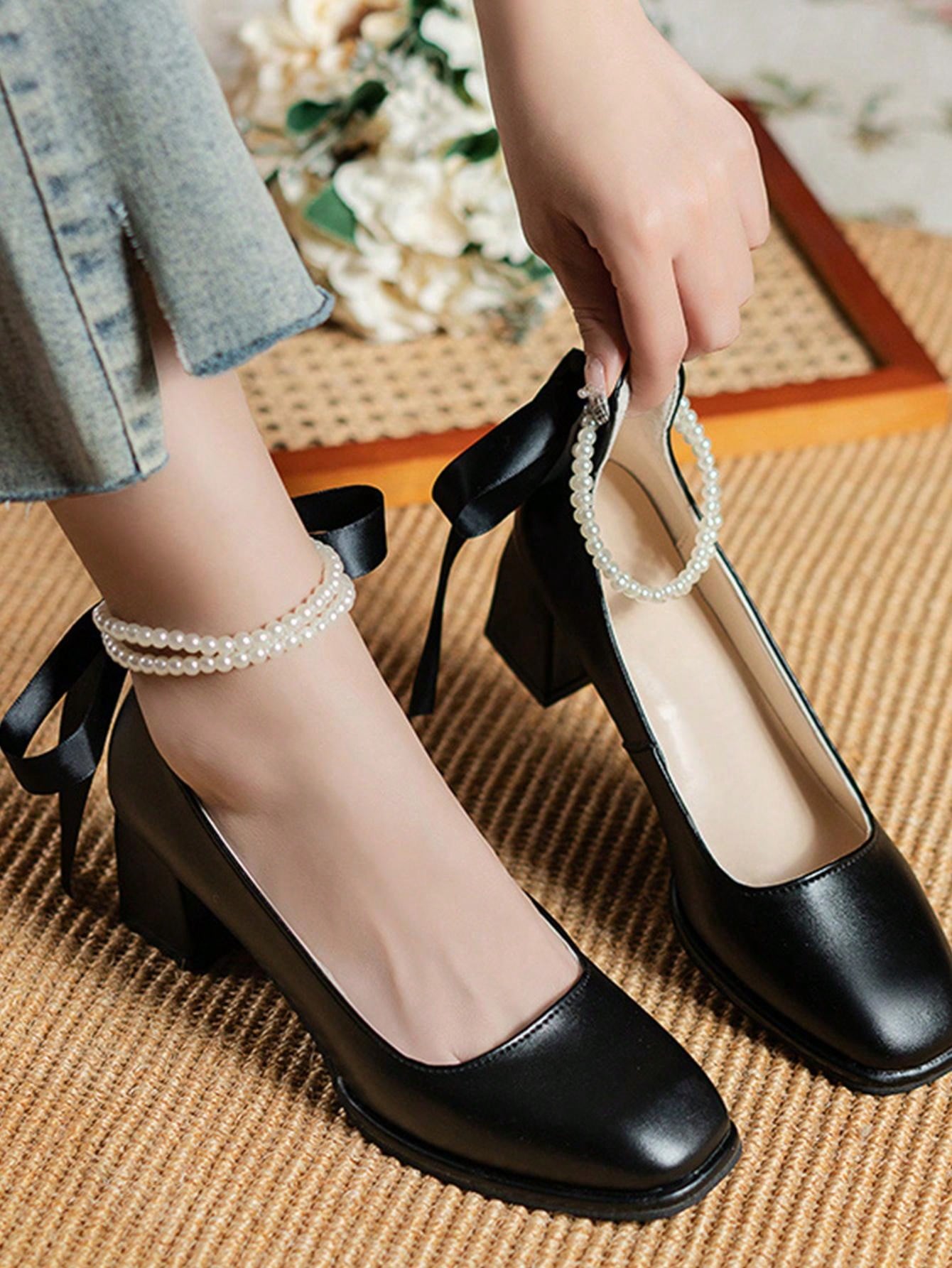 Women's Elegant Pearl Decor Square Toe Low-Cut Date High Heels Black Shoes