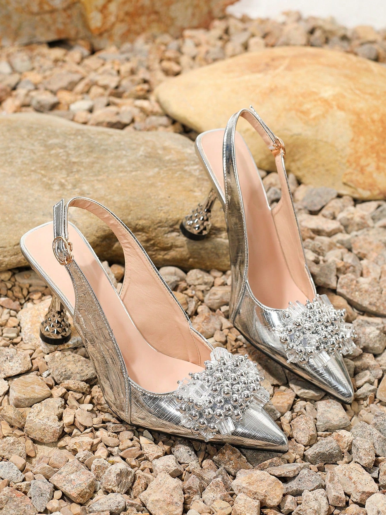 Pointed Toe French Style Crystal, Pearl & Flower Decor Square Heel Bridal Wedding Shoes With Back Strap For Women