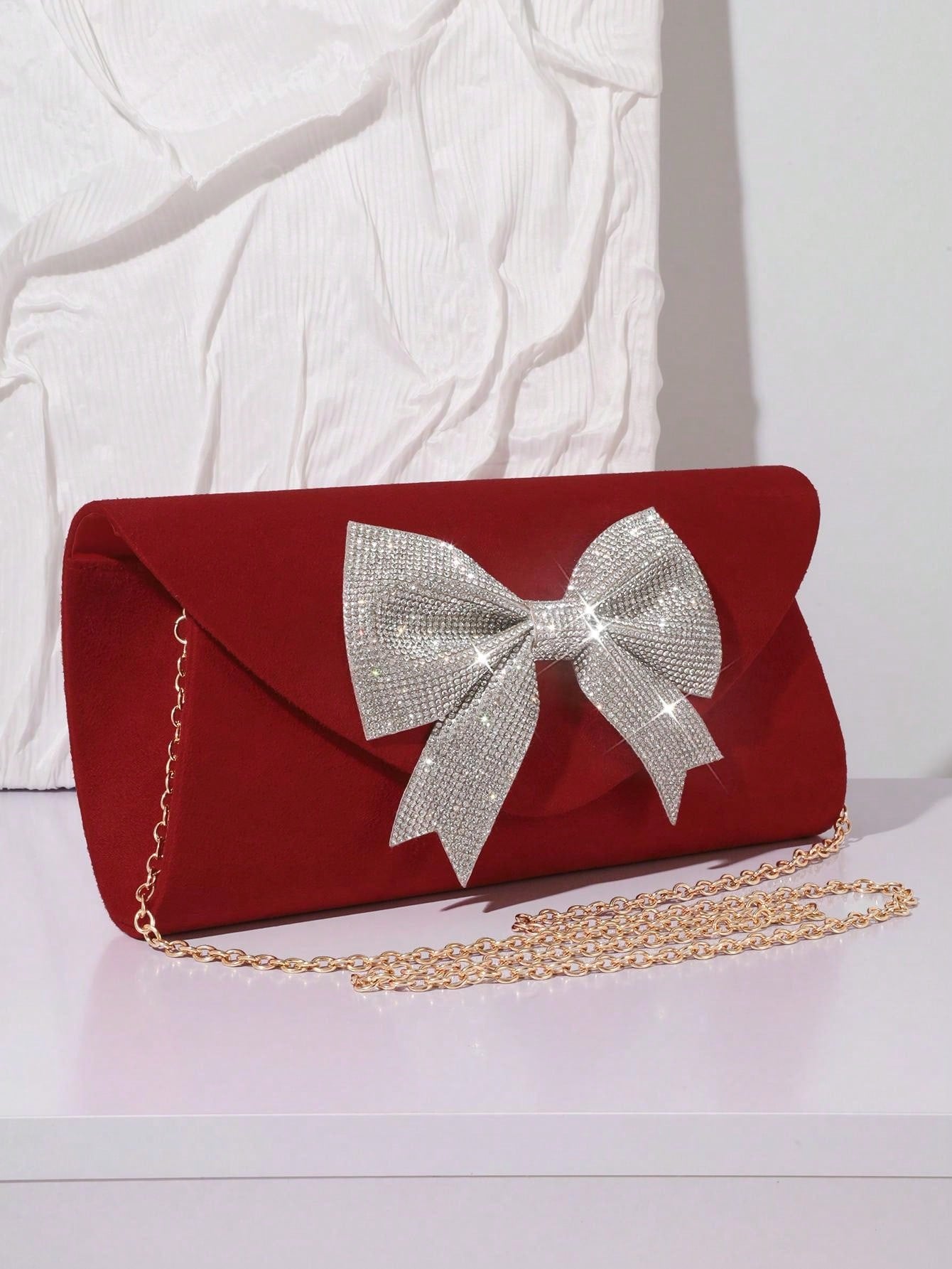 Glamorous Red Sparkly Rhinestone Bow Evening Bag &Hand Bag For Women Party