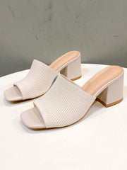 Women Beige Knitted Outdoor Slippers, Fashion Square Toe, Chunky Heel, Versatile Sandals